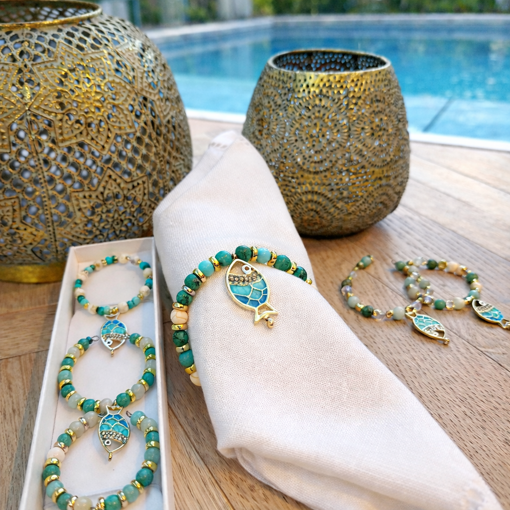 Sea collection napkin rings with fish charms on tablecloth set of 6