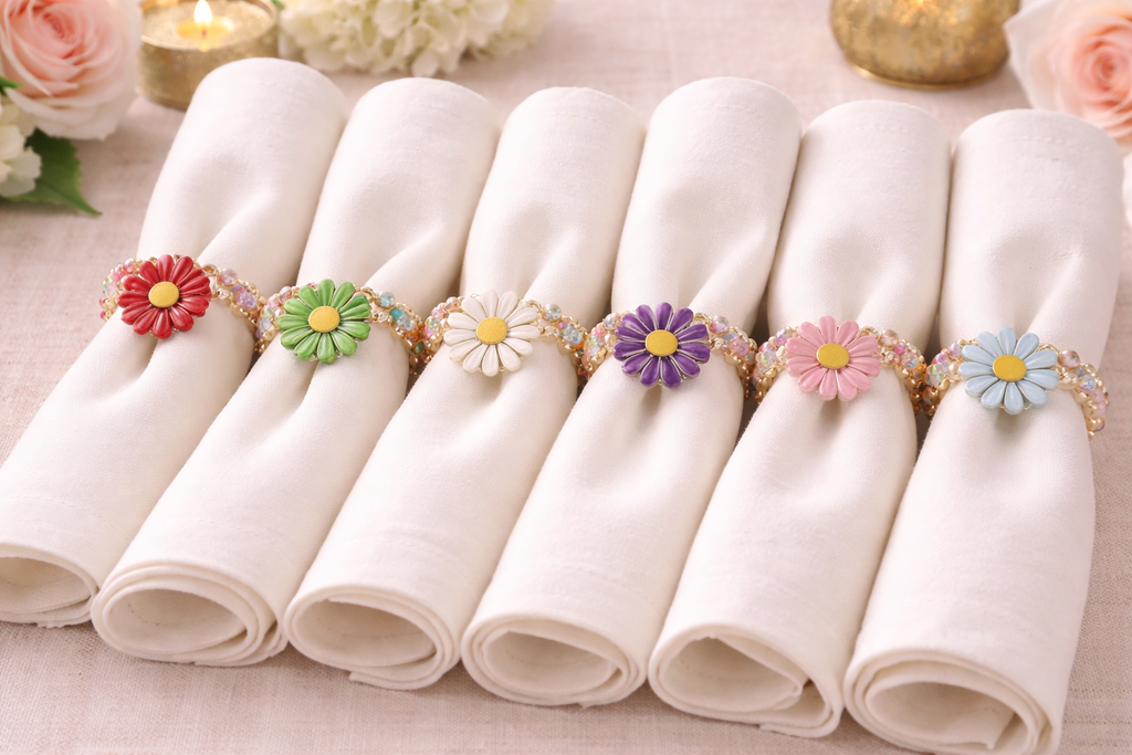 Blushing daisy napkin rings with coordinated beads styled on table set of 6