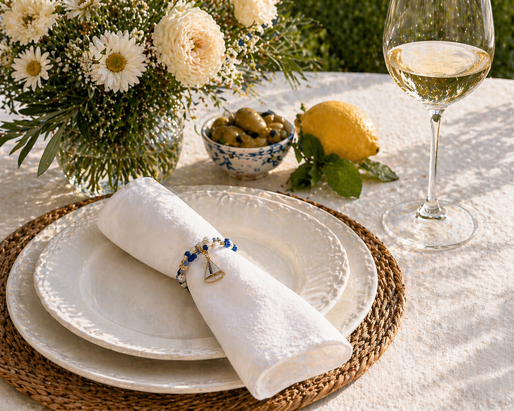 Nautical Napkin Rings styled on table with wine glasses coastal theme handmade