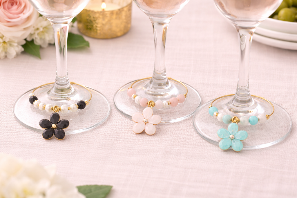 Springtime Cheer wine glass charms floral detail close-up handmade in Israel