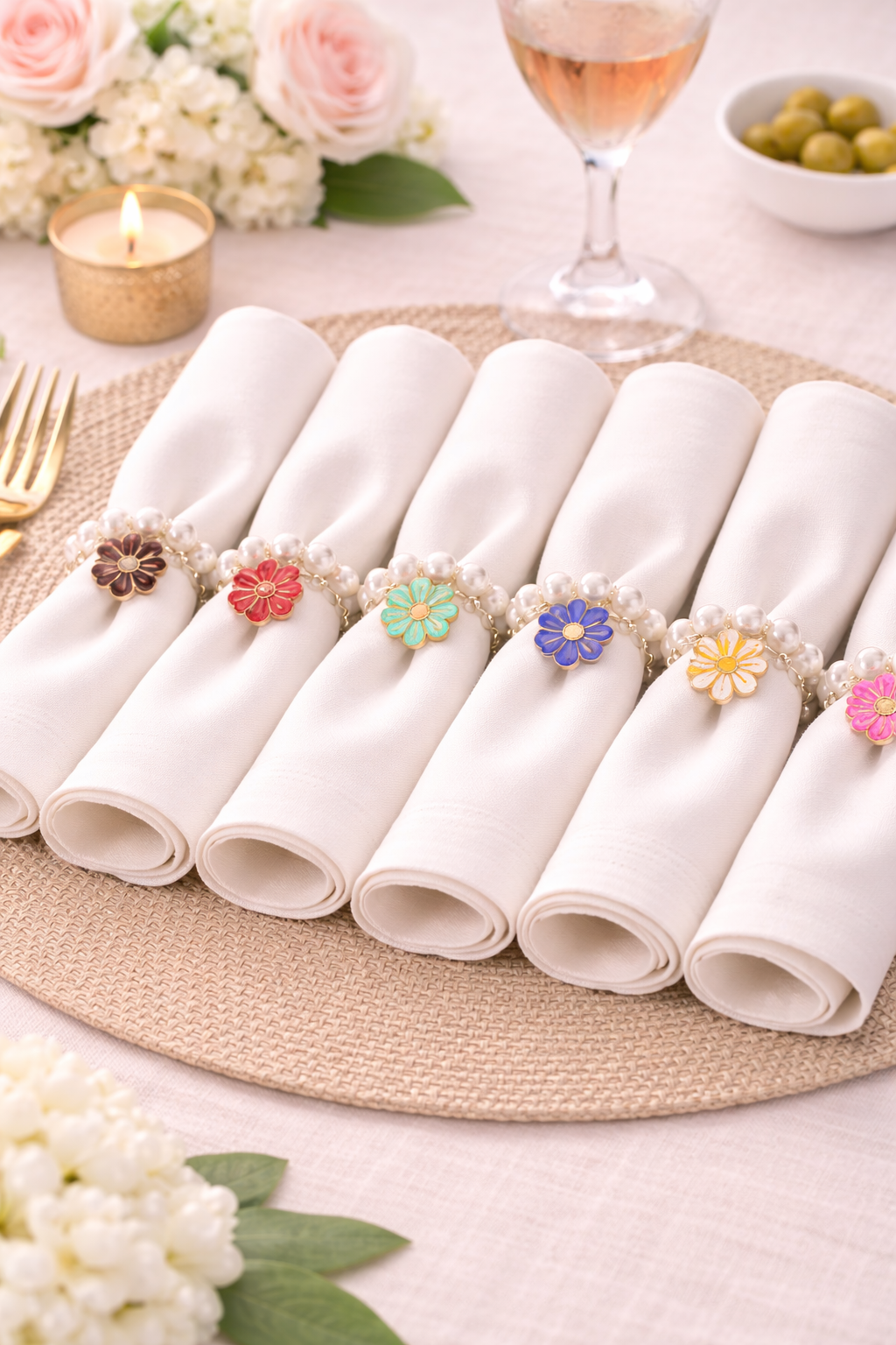 Color My Pearl napkin rings assorted colours styled on linen table setting