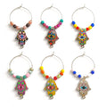 Bold colorful hamsa wine glass charms gold-tone hoops with beads set of 6