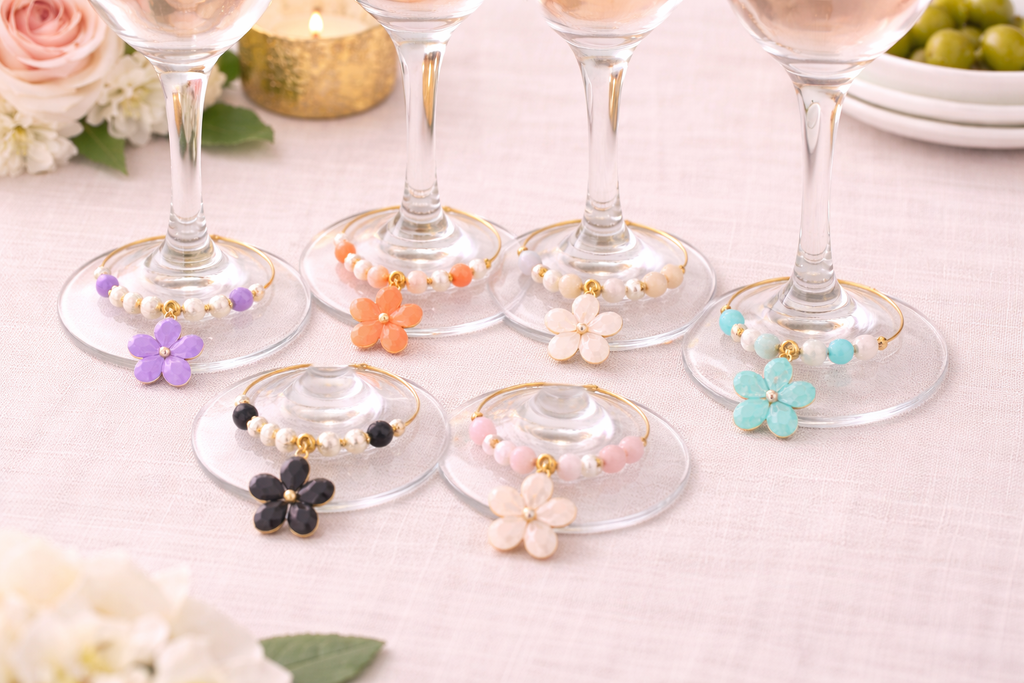 Springtime Cheer floral wine glass charms set of 6 colourful pastel beads handmade