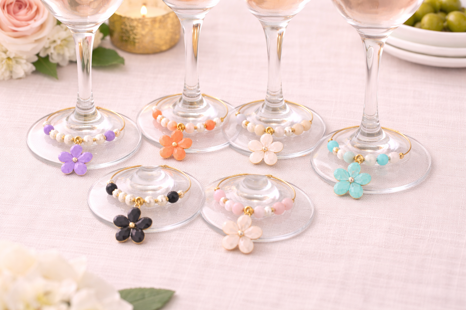 Springtime Cheer floral wine glass charms set of 6 colourful pastel beads handmade