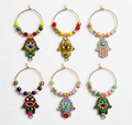 Vibrant hamsa evil eye wine glass charms on gold hoops set of 6