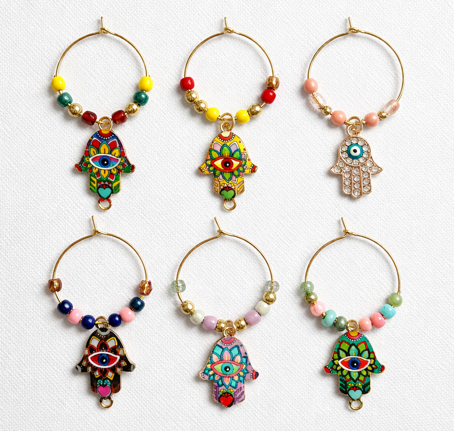Vibrant hamsa evil eye wine glass charms on gold hoops set of 6