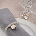 Daisy wine glass charms with white pearly beads with golden tones set of 6