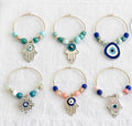 Set of 6 aqua and gold wine glass charms with coordinated beads