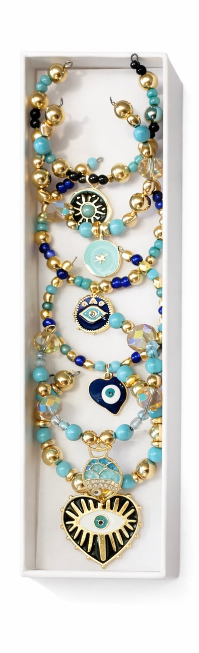 Evil eye and hamsa napkin rings with blue and gold beads set of 6