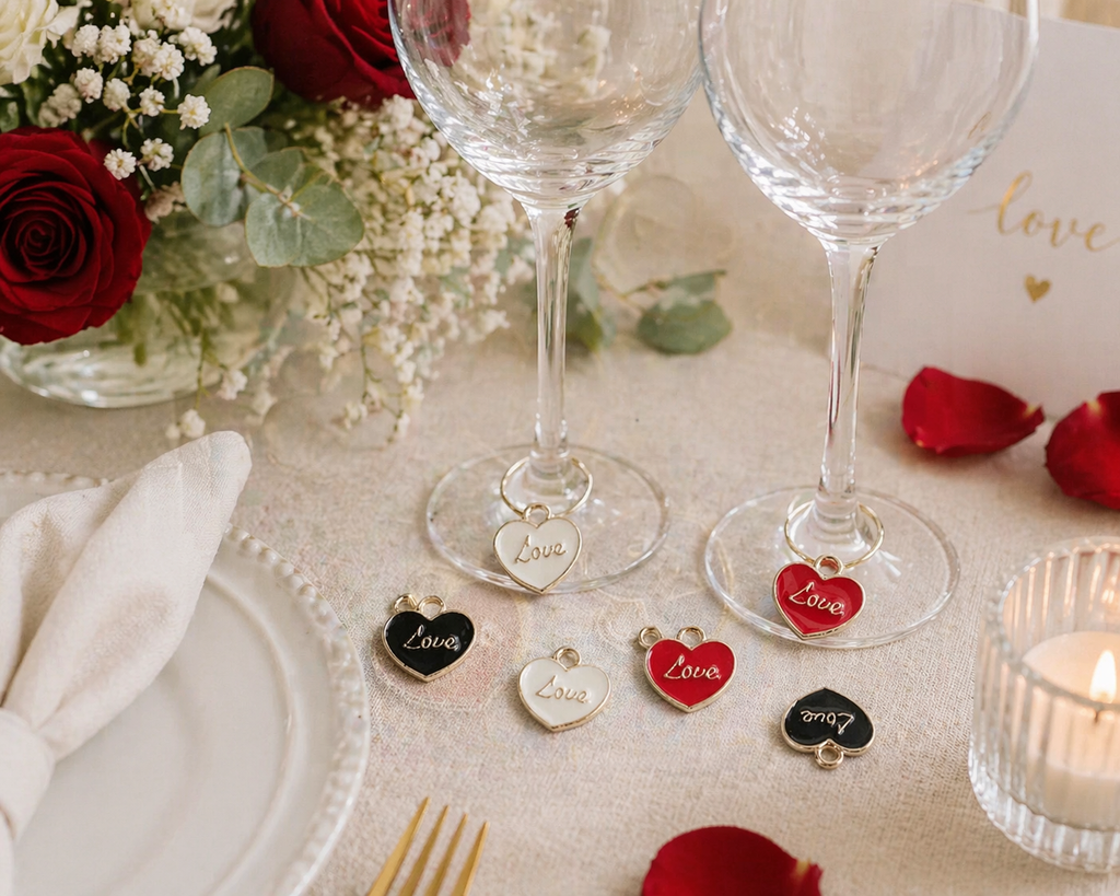 Wedding Cheers wine charms styled on glasses with elegant wedding table setting