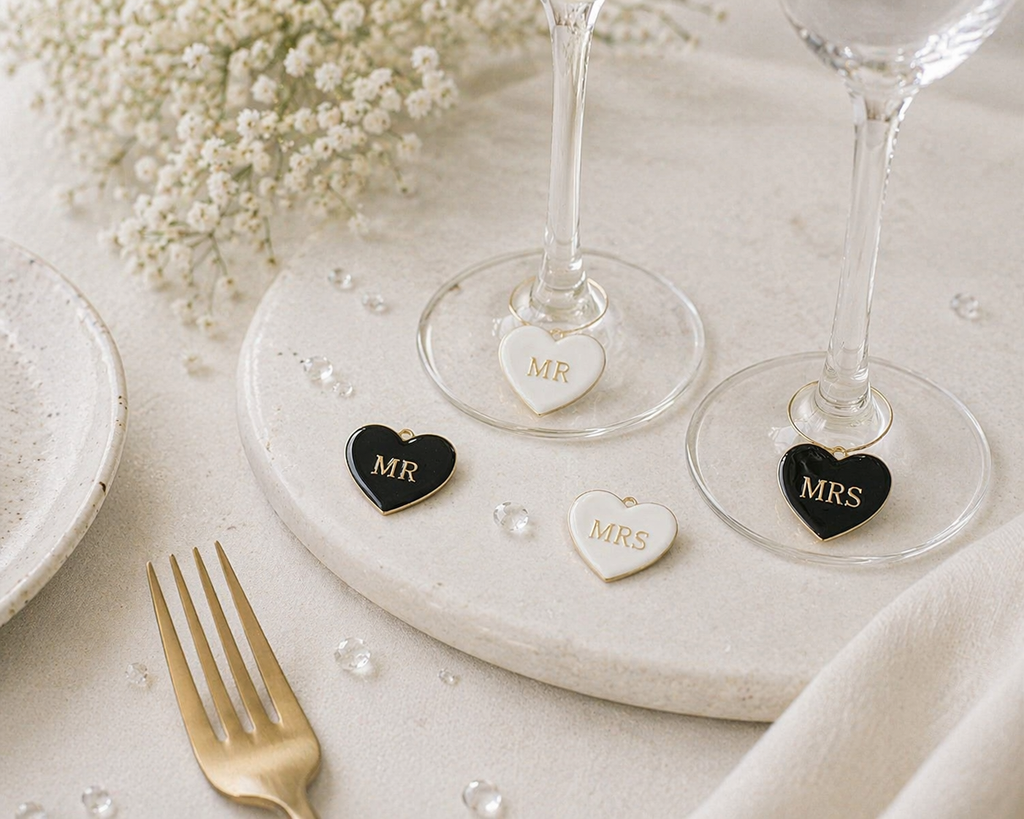 Wedding Cheers wine charms close-up detail white beads bridal style