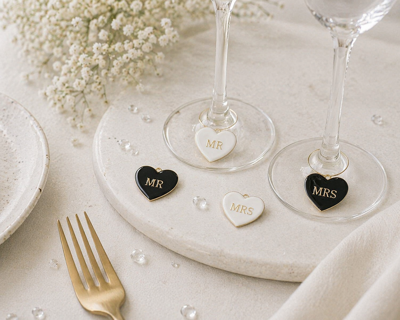 Wedding Cheers wine charms close-up detail white beads bridal style