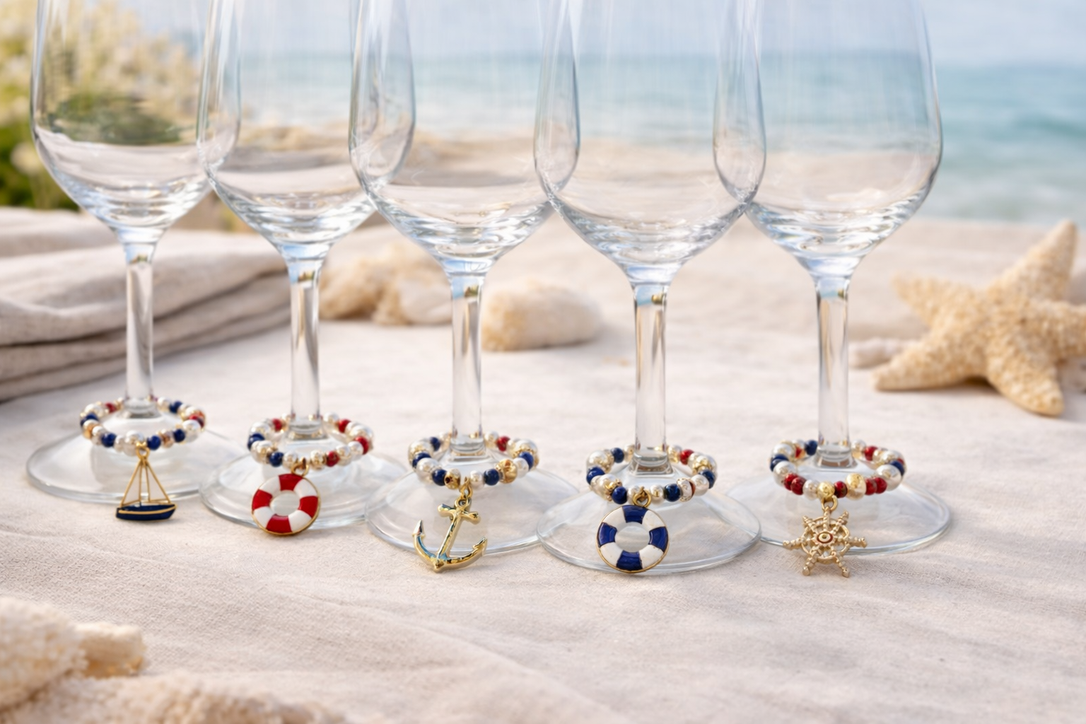 nauticl theme wine charms with buoys, anchors, sailboats in red, white and blue colors on gold tone hoops with coordinated beads 