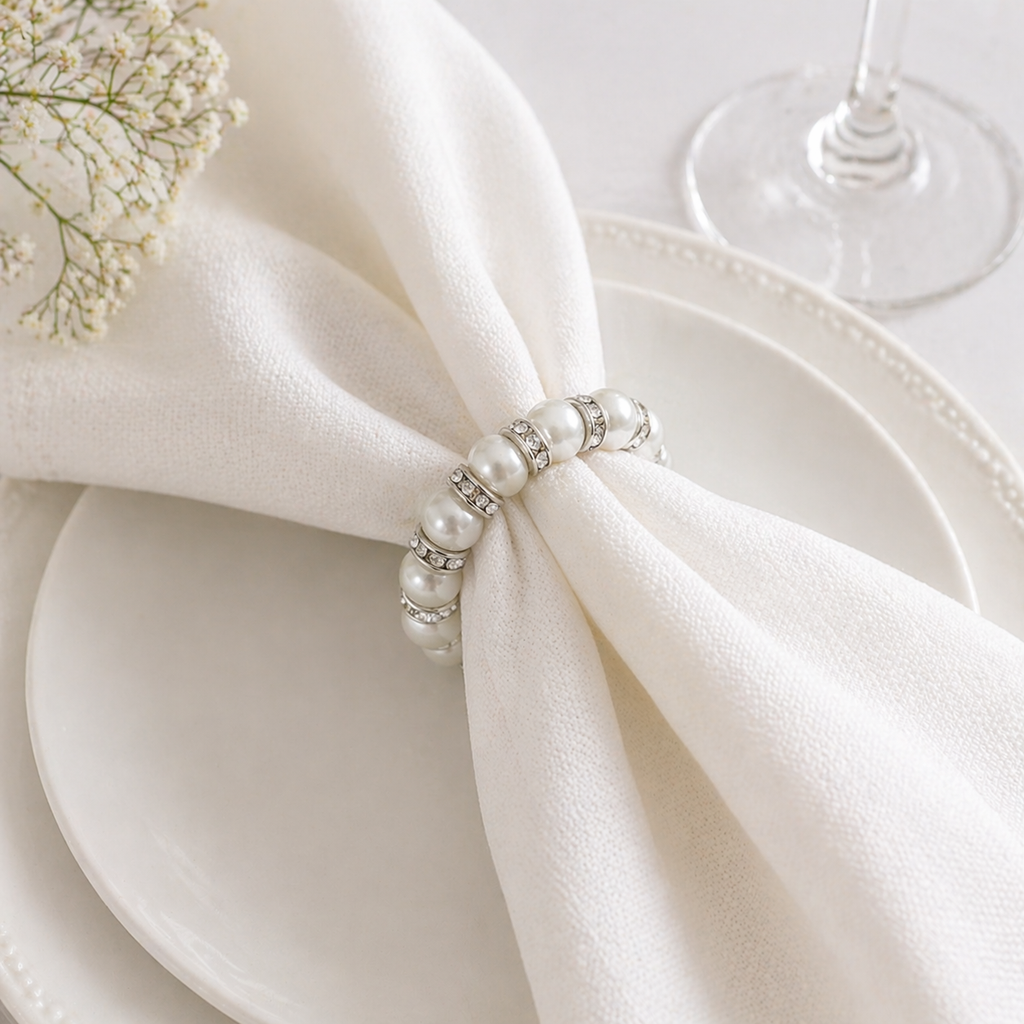 wedding bells pearly napkin rings set of 610 on elegant table