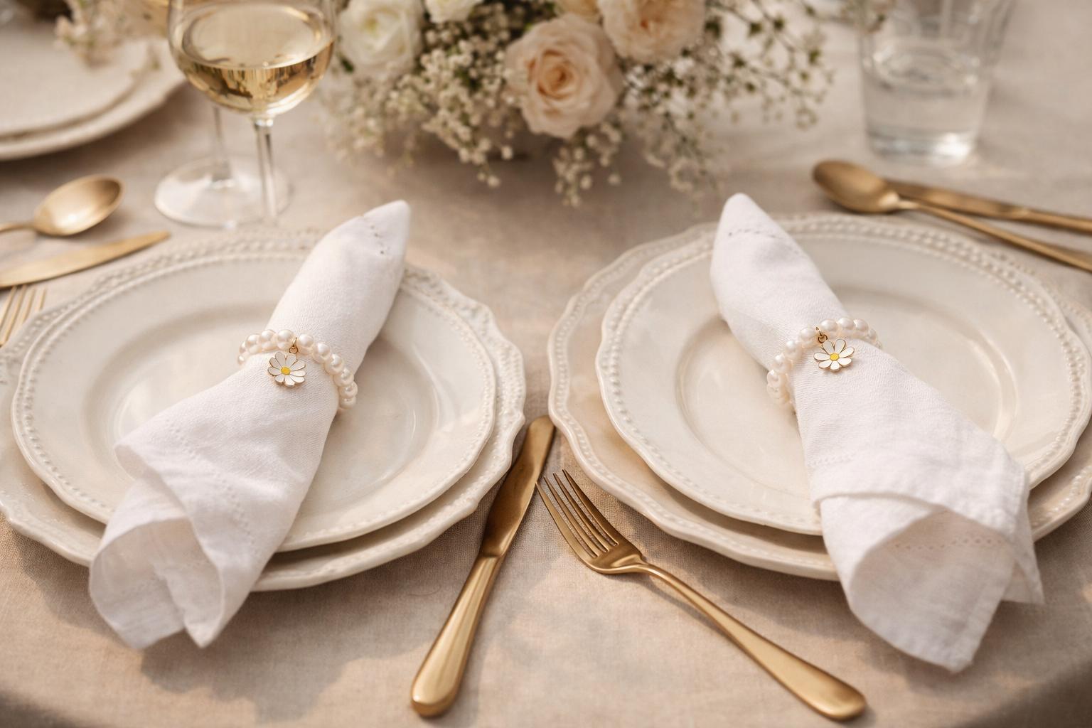Gorgeous white pearl like beads paired with daisy pendants are the perfect match for any table setting