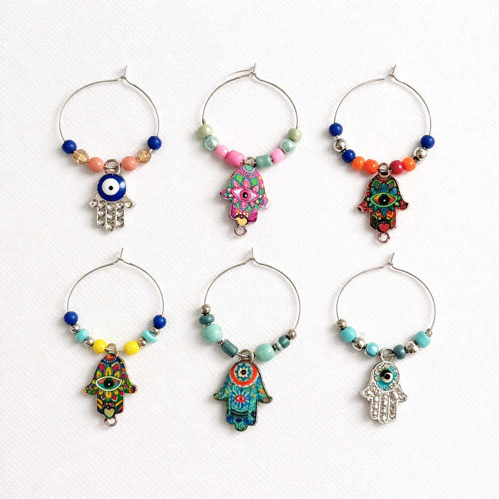 Set of 6 hamsa hand wine glass charms on silver hoops multicolor beads