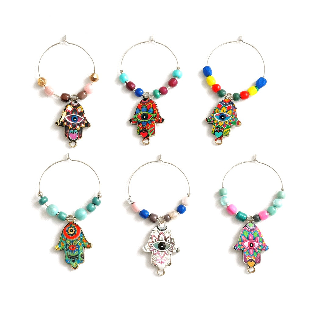 Colorful hamsa hand wine glass charms on silver-tone hoops with beads set of 6