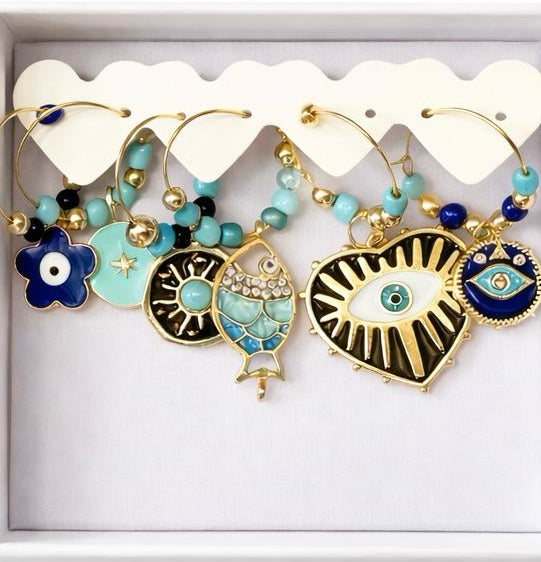 Turquoise and blue evil eye wine glass charms on gold hoops set of 6