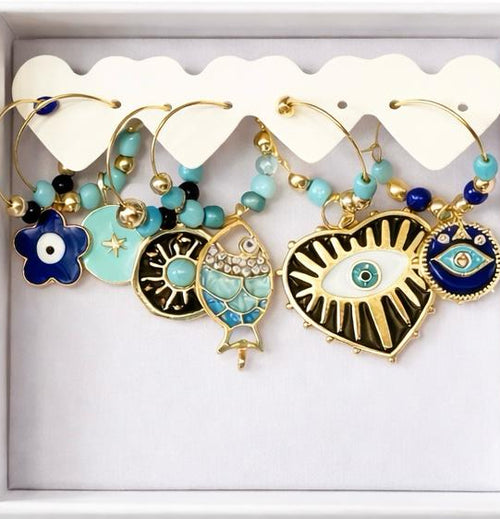 Set of 6 turquoise and blue wine charms on gold-toned hoops with coordinated beads