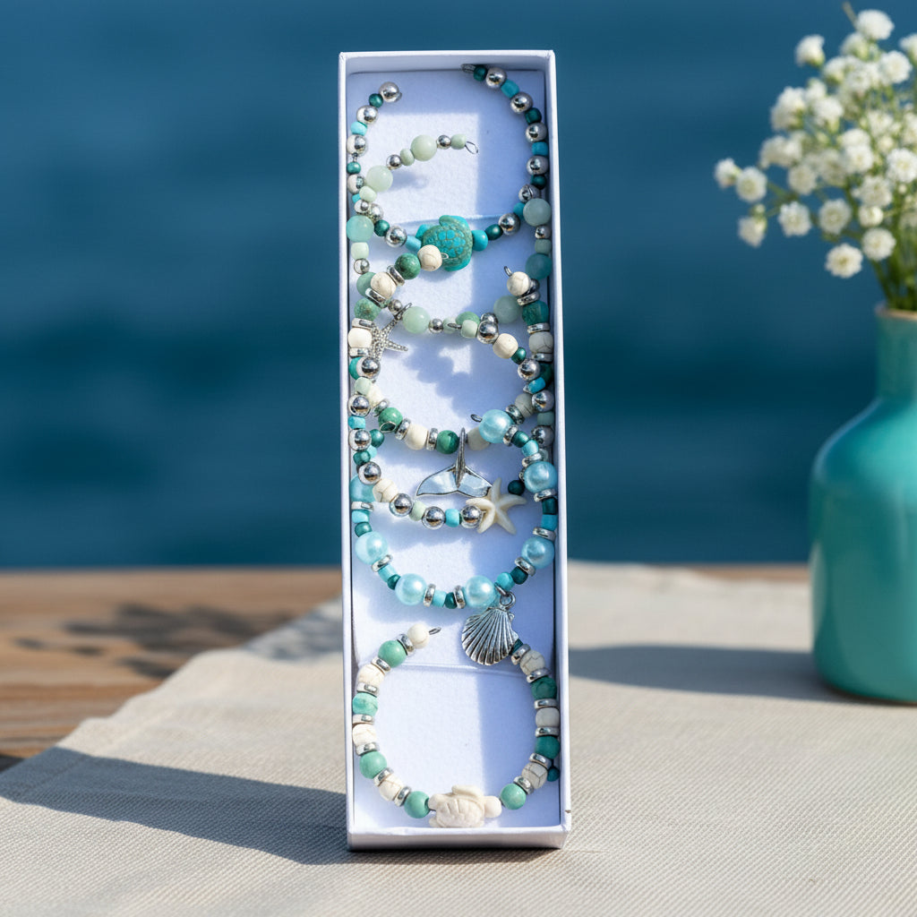 Ocean Whisper Napkin Rings beaded sea collection styled on white tablecloth handmade