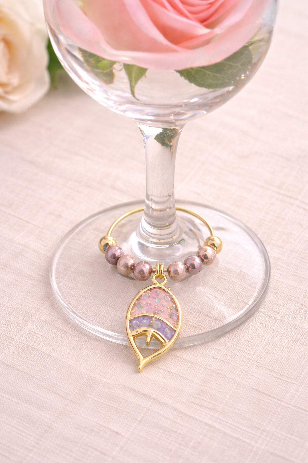 Pink Tide fish wine glass charms set of 6 pink coral blush beads handmade