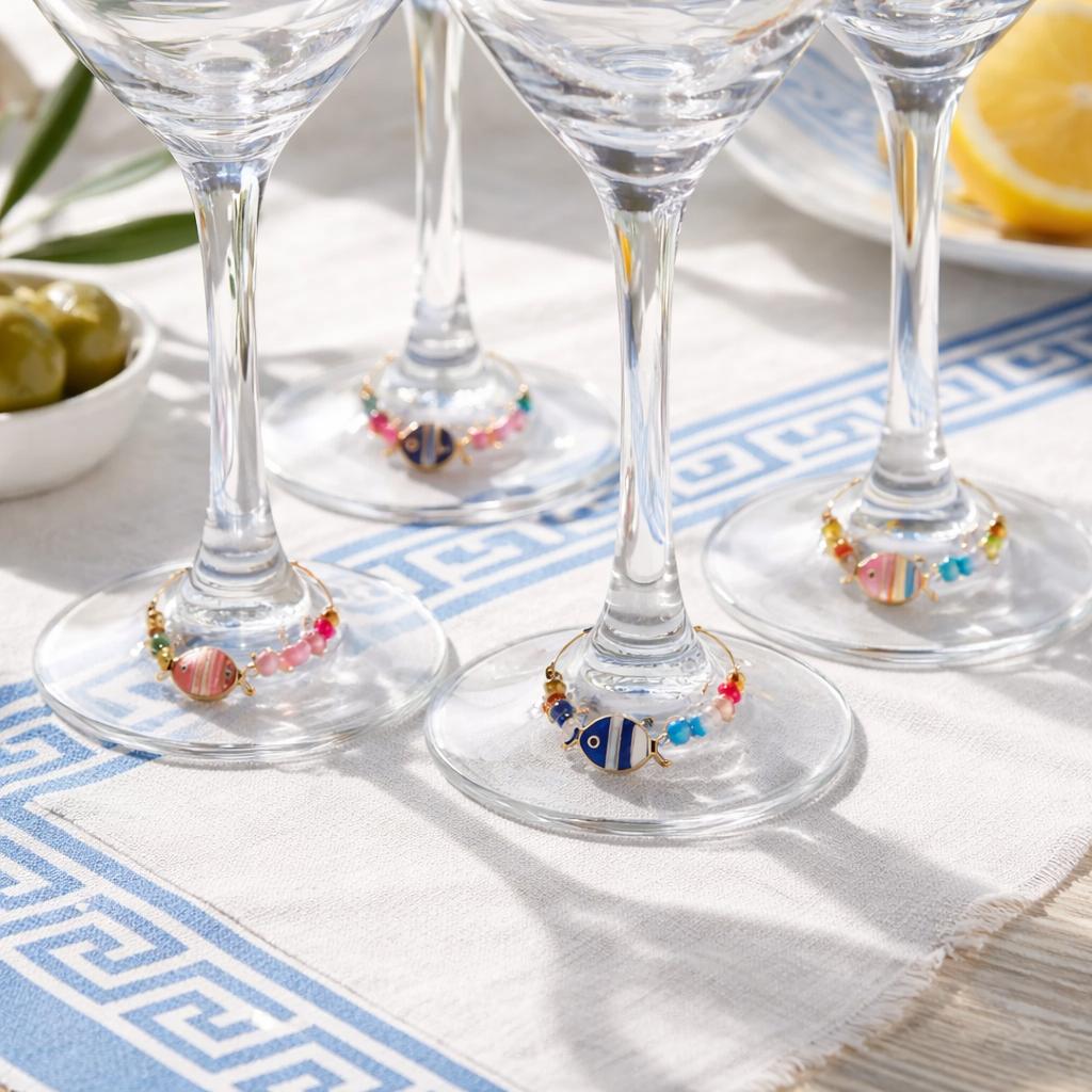 wine glass charms with fish charms and matching coordinated beads on gold toned hoops in sets of 6