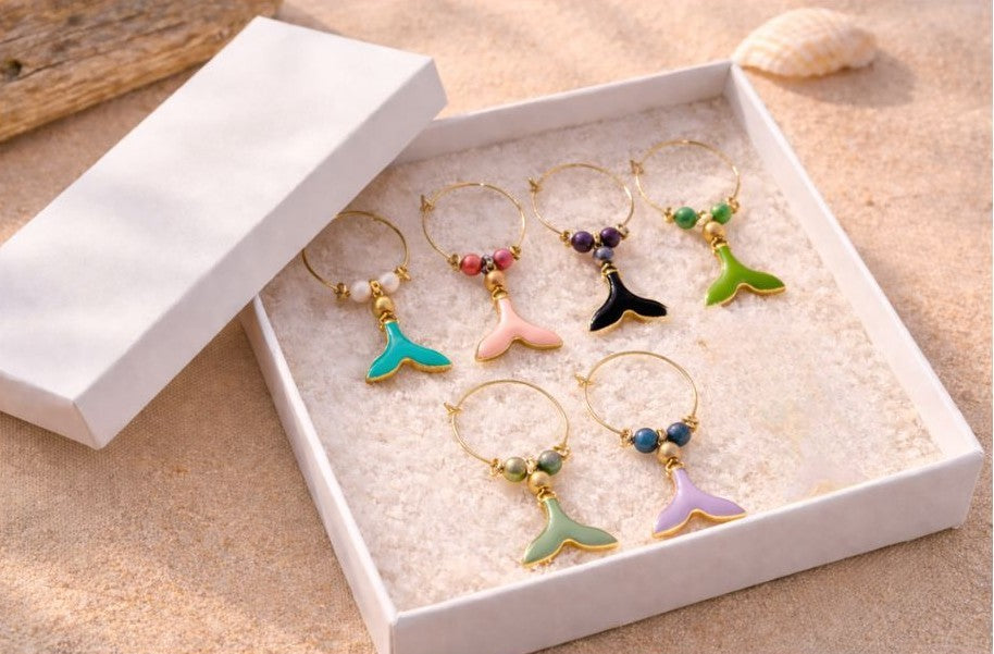 Dolphin Cove wine glass charms colourful dolphin tails set of 6 coastal beads handmade