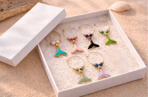Dolphin Cove wine glass charms colourful dolphin tails set of 6 coastal beads handmade