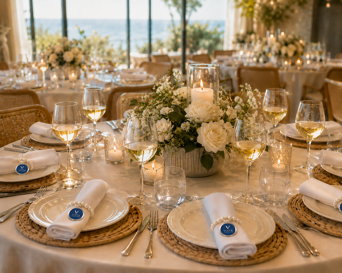 Custom company logo napkin ring with   pearly  beads on a white napkin at a corporate event table.