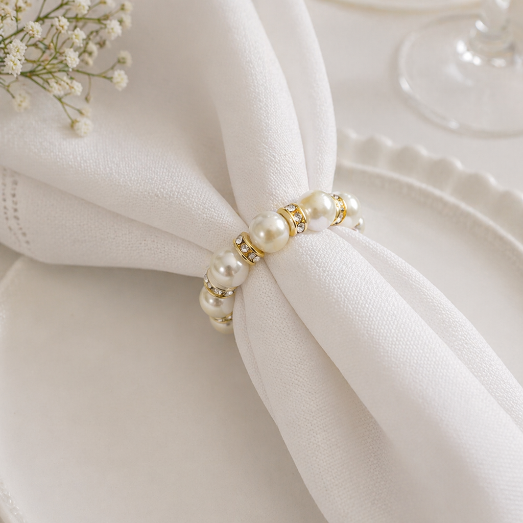 Wedding Bells napkin rings styled on elegant wedding table with candles and florals