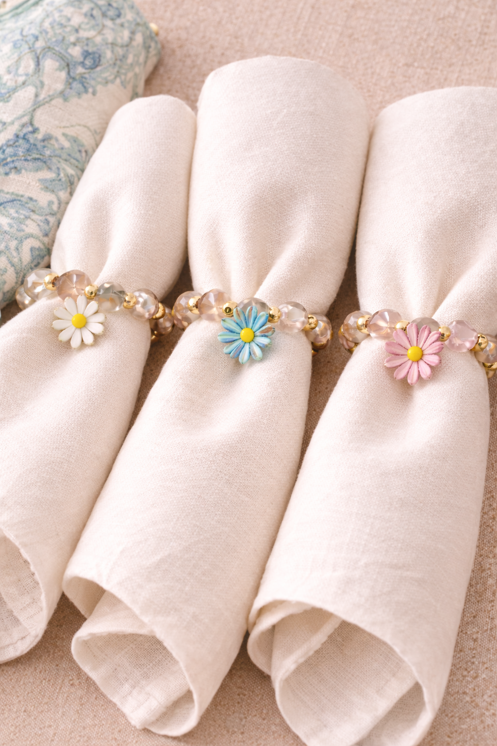Blushing Daisy napkin rings set of 6 floral beads coordinated colors