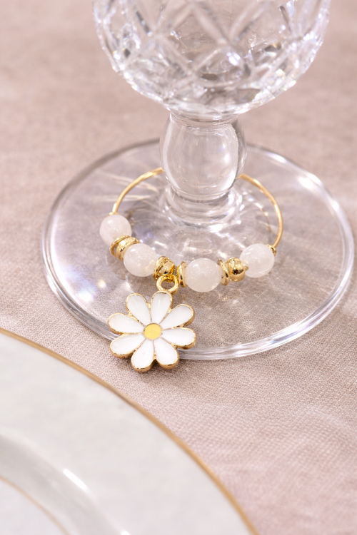 Cheery Daisy wine glass charms daisy detail close-up white pearl beads handmade