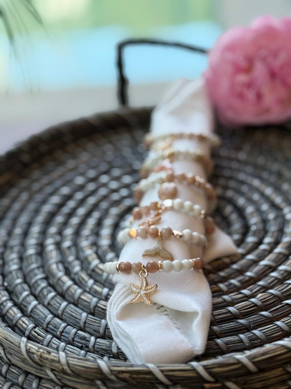 Dusty rose sea napkin rings with peony-toned beads set of 6