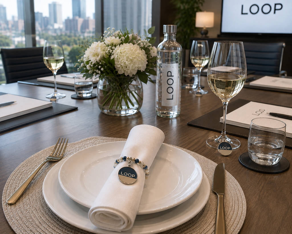 Custom company logo napkin ring with blue  and silver beads on a white napkin at a corporate event table.