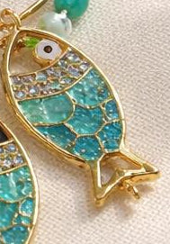 Turquoise Tide fish wine glass charms on tablecloth coastal set of 6