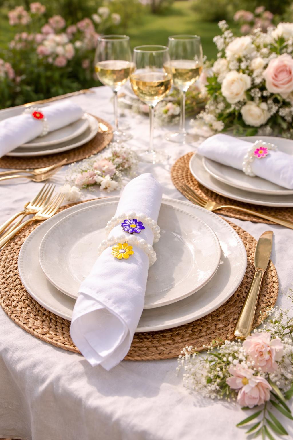 Color My Pearl napkin rings floral detail handmade beaded set of 6