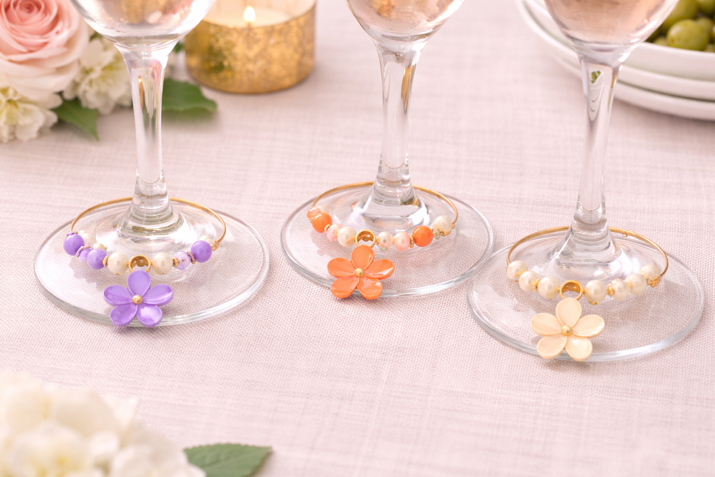 Springtime Cheer flower wine glass charms pastel colours coastal table decor