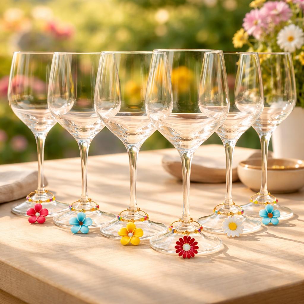 Colorful flower wine glass charms displayed on wine glasses set of 6