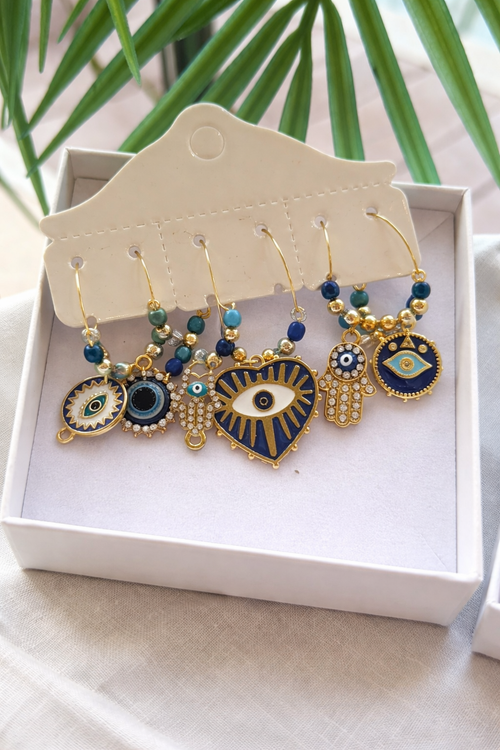 Blue Eyes hamsa evil eye wine glass charms set of 6 gold-tone hoops
