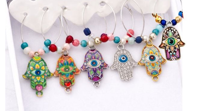 Set of 6 deep sea wine glass charms on silver-tone hoops with ocean beads