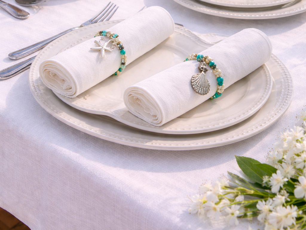 Ocean Whisper Napkin Rings sea charms coastal beads styled on table set of 6