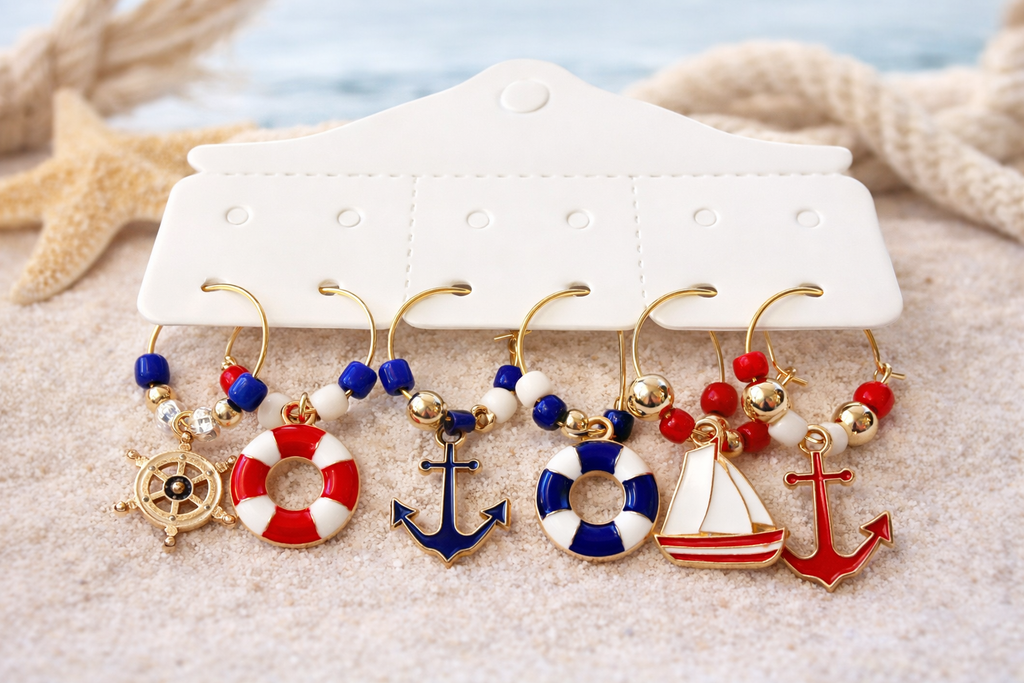Nautical wine glass charms set of 6 navy white anchor sailboat buoy red blue gold hoops