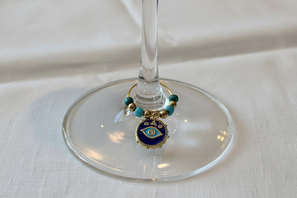 Royal blue and turquoise round evil eye wine glass charms set of 6