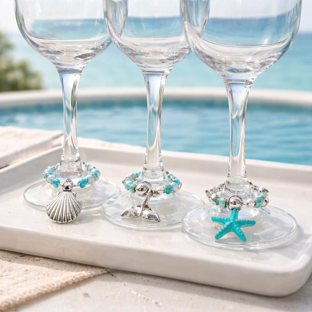 Ocean collection wine glass charms on glasses with turquoise beads