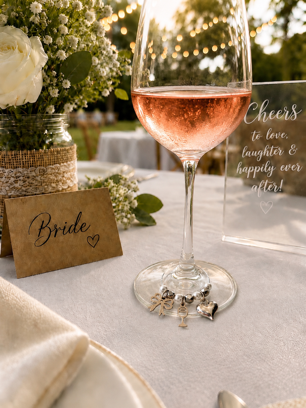 wine glass charms with silver toned heart, bow and pearly beads