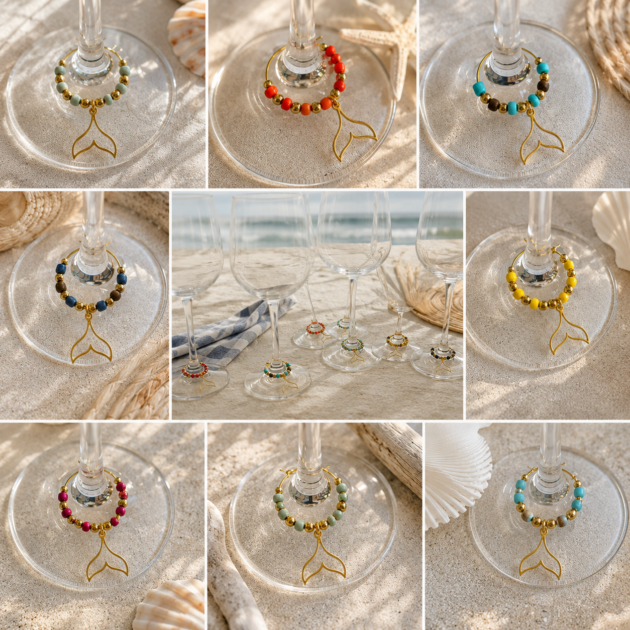 Collection of colorful mermaid tail wine glass charms displayed on wine glasses in a beach-inspired coastal table setting with seashells and soft neutral tones.