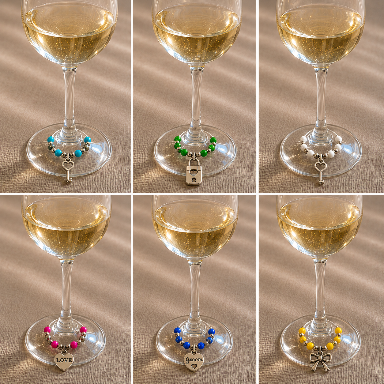 Set of six wedding-themed wine glass charms displayed on white wine glasses filled with pale white wine. Each charm features colorful beads and silver-tone pendants including Bride, Groom, heart, key, lock, and bow designs. Styled on a taupe linen tablecloth for an elegant wedding table setting.