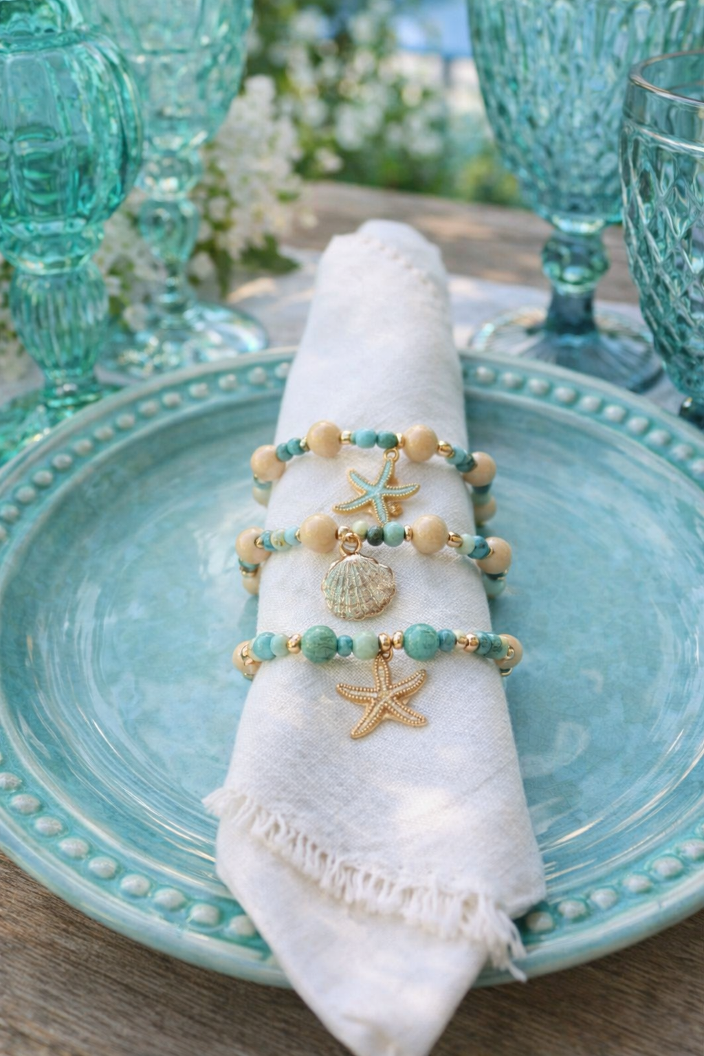 Sea Shell napkin rings set of 6 turtle starfish seashell dolphin charms