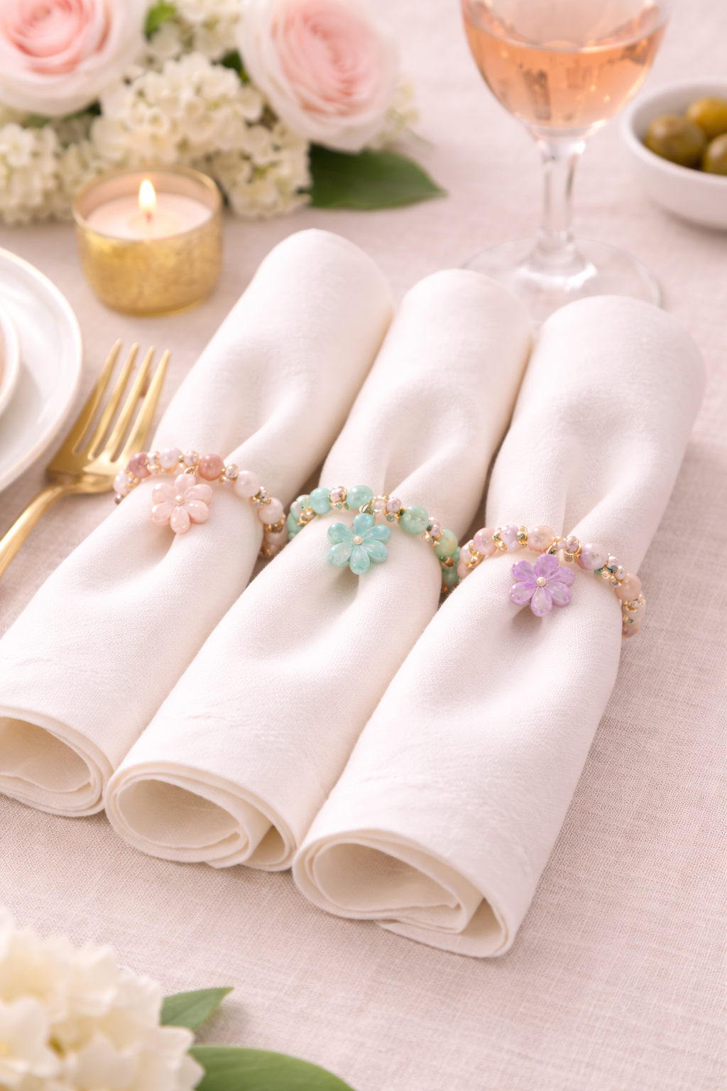 Springtime Linen napkin rings three colour options handmade floral beads