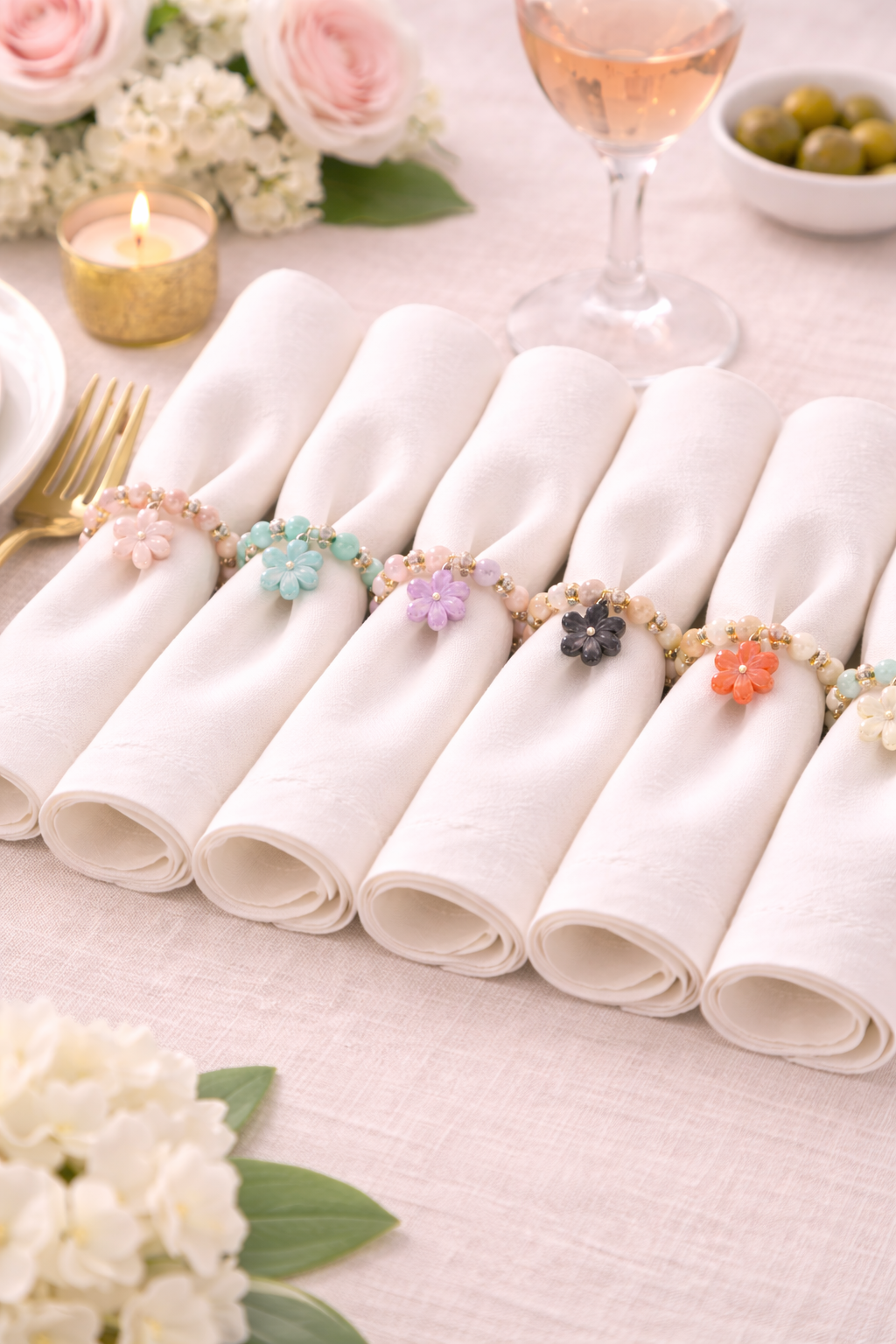 Springtime Linen napkin rings six colour varieties floral charms table decor